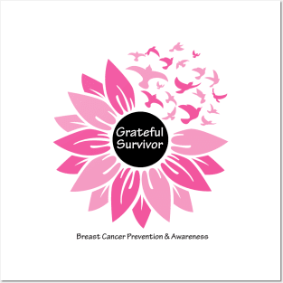 Breast cancer survivor flower & birds with white black type Posters and Art